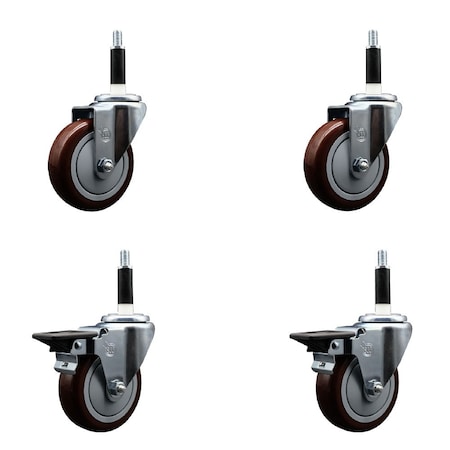 Service Caster 4'' Maroon Poly Wheel Swivel 7/8'' Expanding Stem Caster Set 2 Brakes, 4PK SCC-EX20S414-PPUB-MRN-2-PLB-2-78